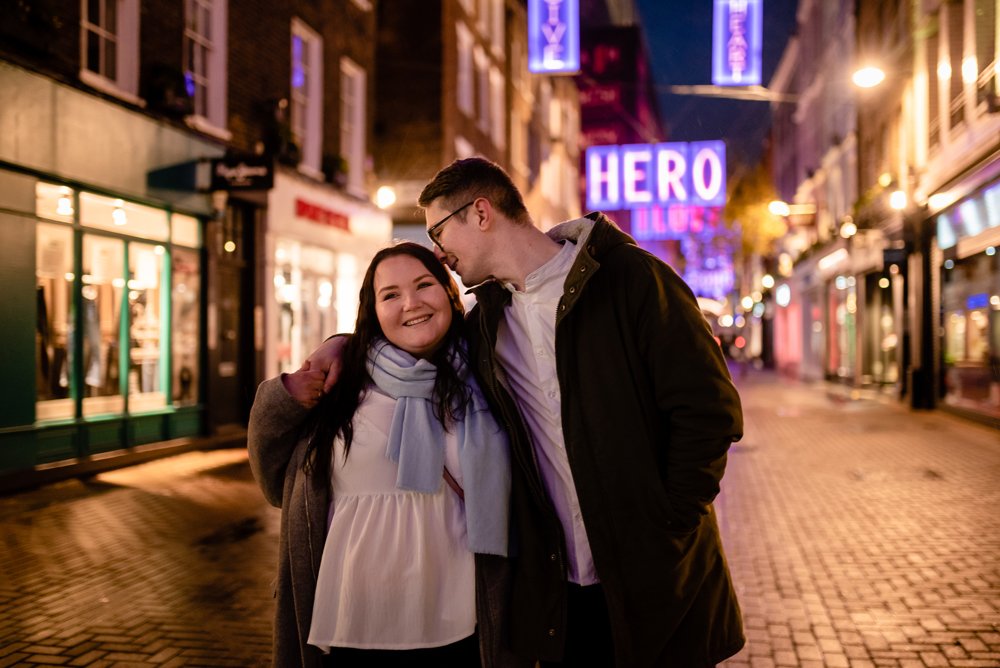 Christmas lights engagement shoot in London Carnaby