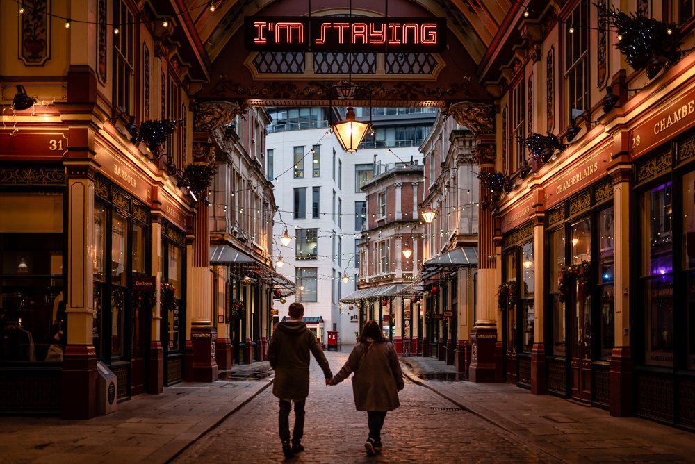 Christmas lights engagement shoot in London Leadenhall Market
