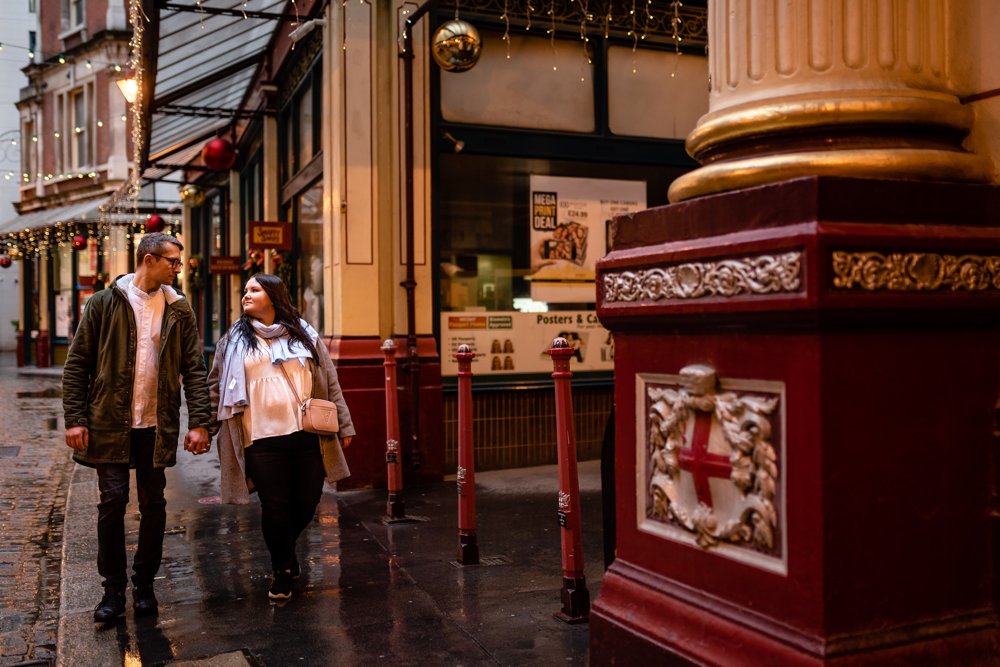Christmas lights engagement shoot in London Leadenhall Market