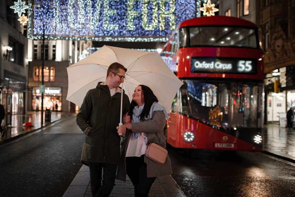 Christmas lights couple shoot in London