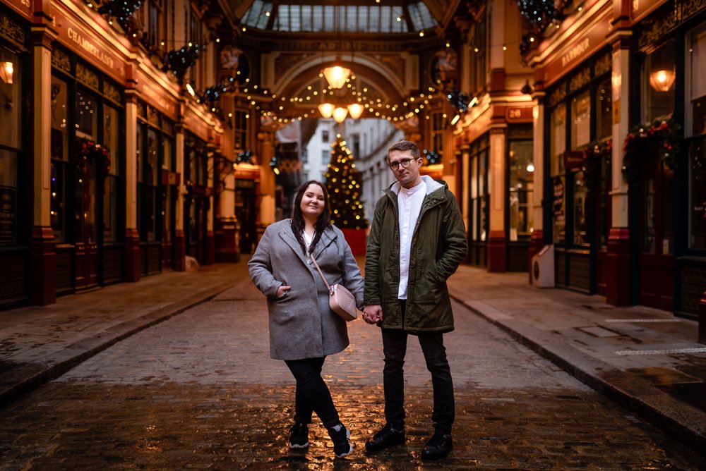Christmas lights engagement shoot in London Leadenhall Market