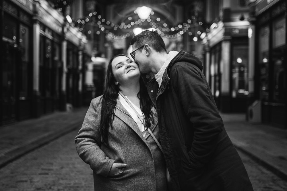Christmas lights engagement shoot in London Leadenhall Market