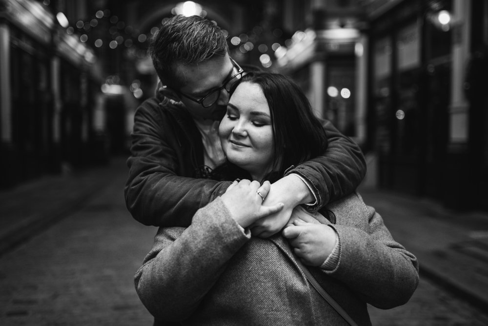 Christmas lights engagement shoot in London Leadenhall Market