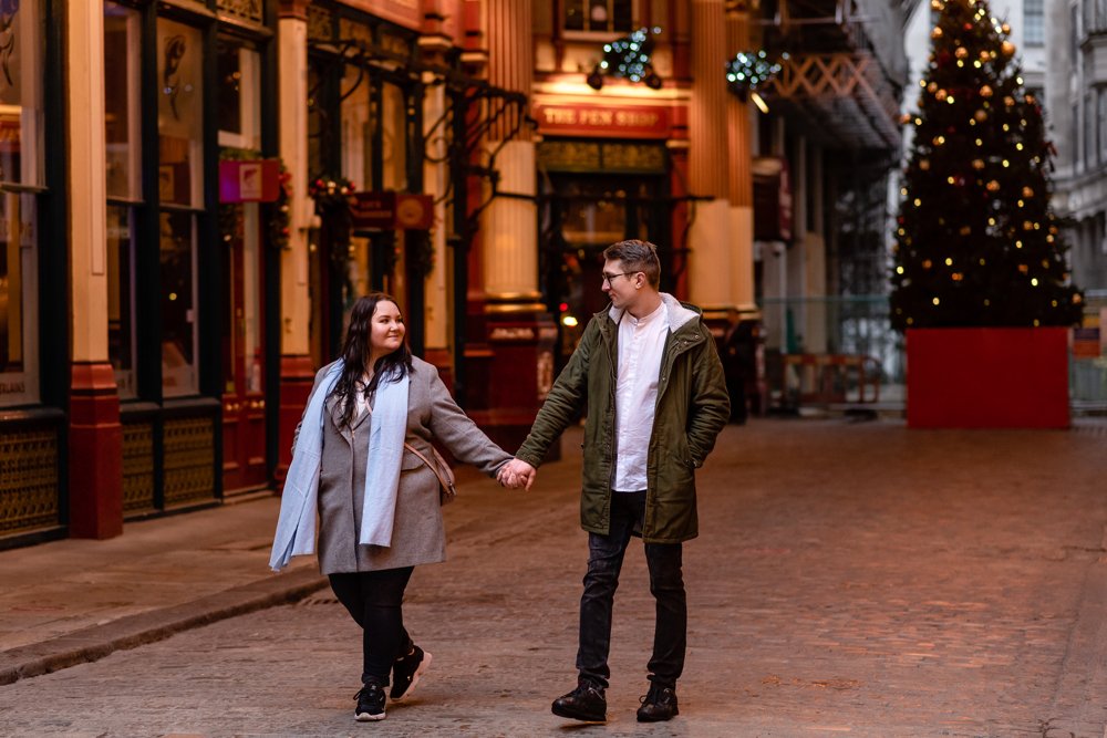 Christmas lights engagement shoot in London Leadenhall Market
