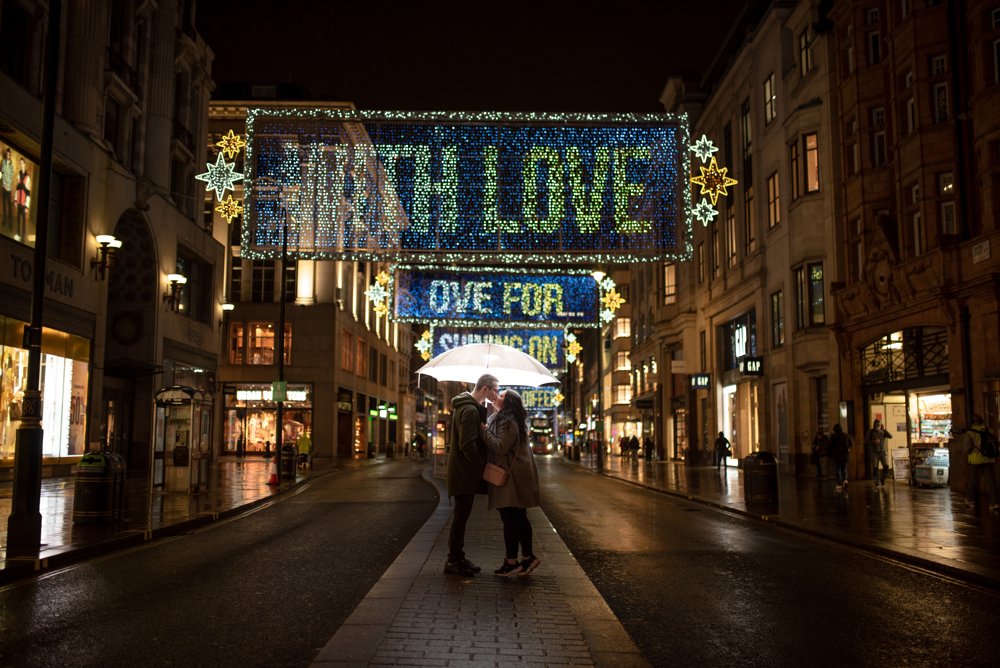 Christmas lights couple shoot in London