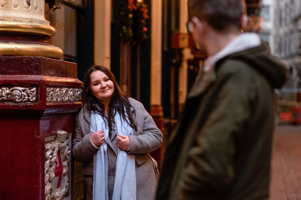 Christmas lights engagement shoot in London Leadenhall Market