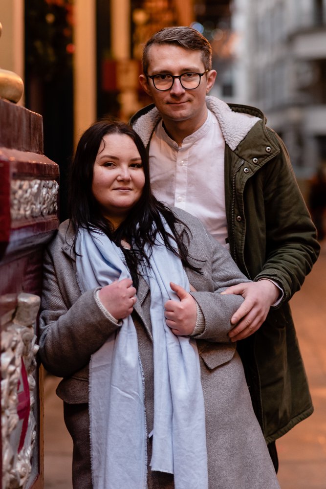 Christmas lights engagement shoot in London Leadenhall Market