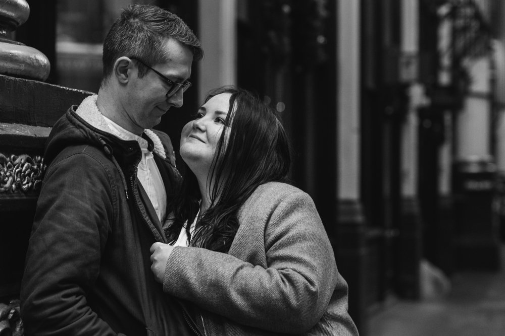 Christmas lights engagement shoot in London Leadenhall Market