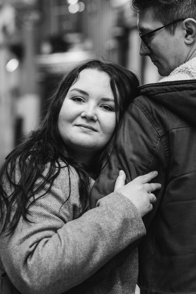 Christmas lights engagement shoot in London Leadenhall Market