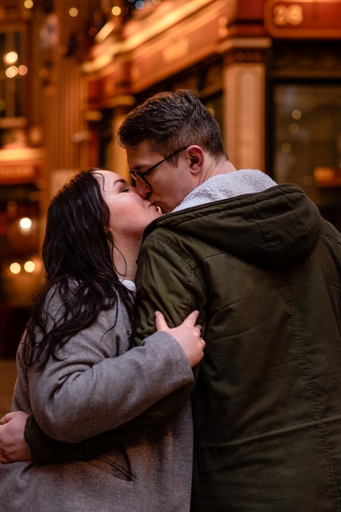 Christmas lights engagement shoot in London Leadenhall Market