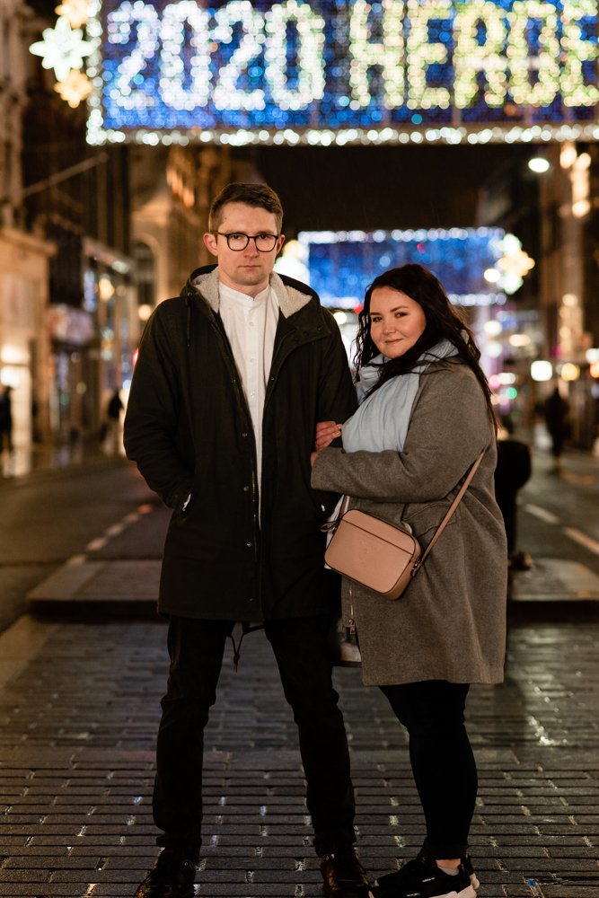 Christmas lights couple shoot in London