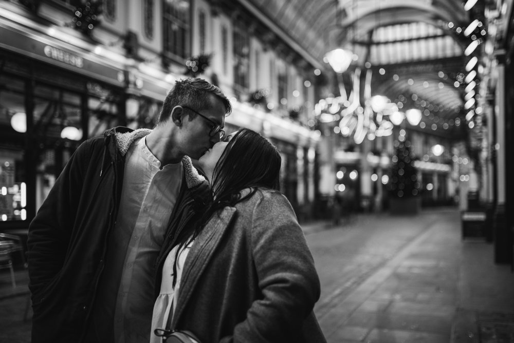 Christmas lights engagement shoot in London Leadenhall Market