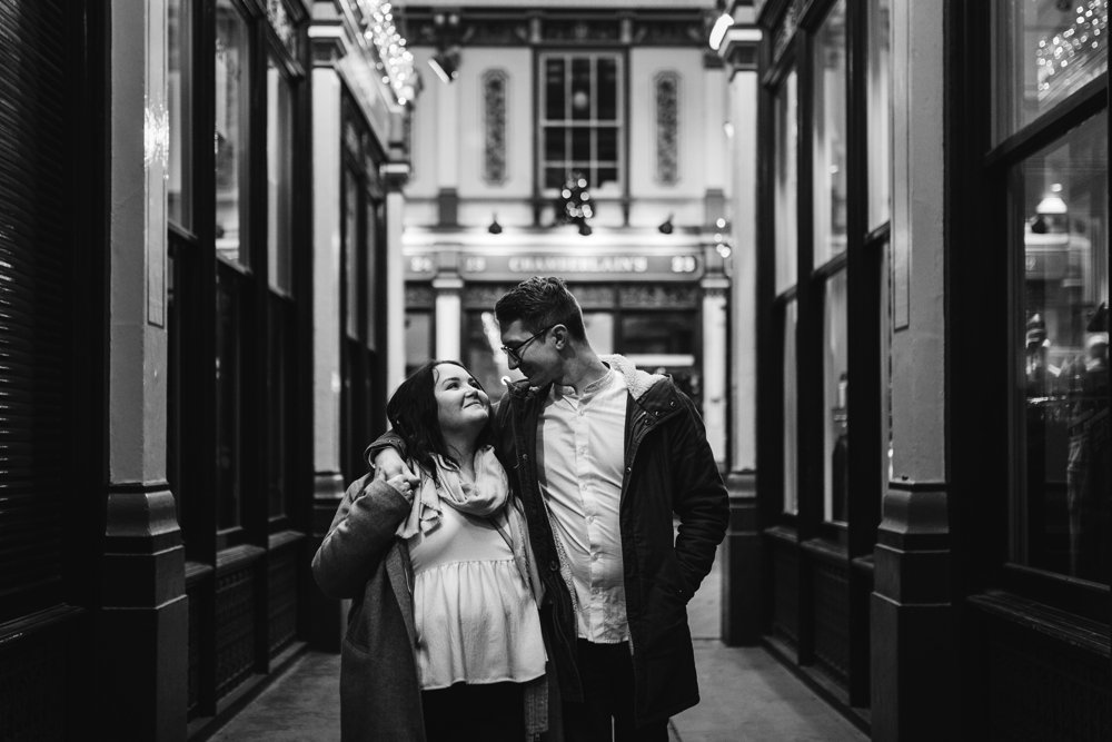 Christmas lights engagement shoot in London Leadenhall Market