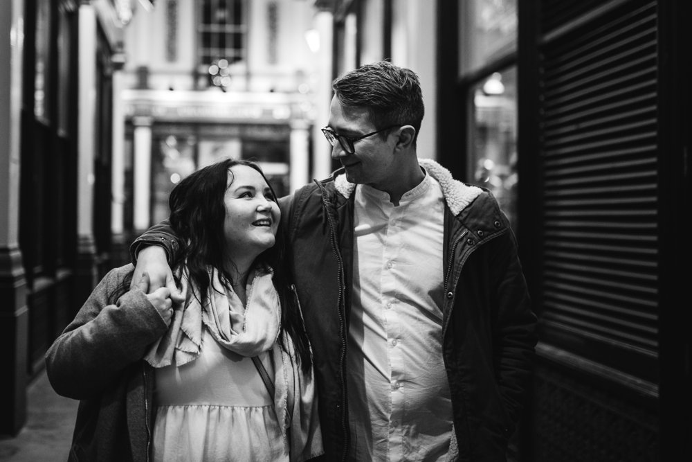 Christmas lights engagement shoot in London Leadenhall Market