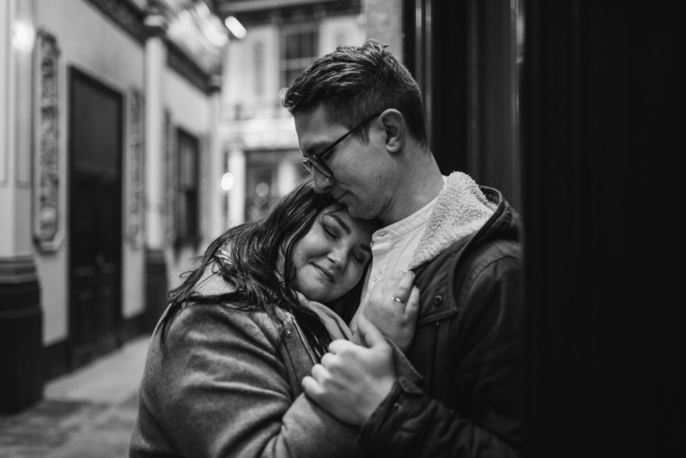 Christmas lights engagement shoot in London Leadenhall Market